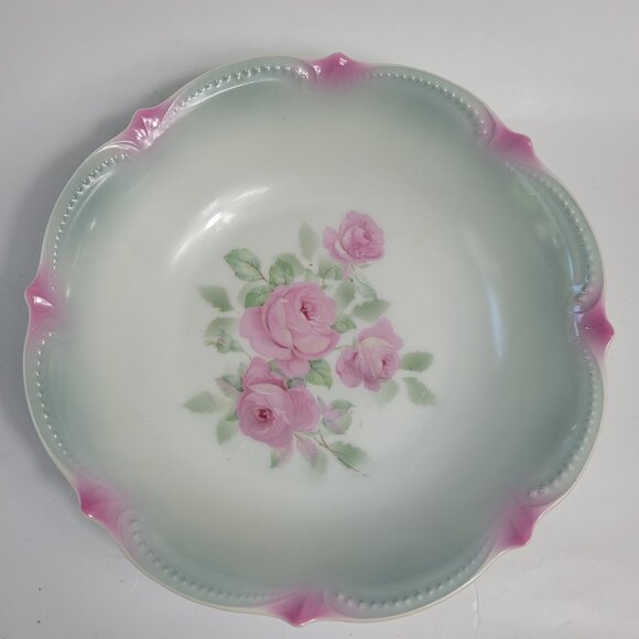 Koenigszelt Silesia Serving Bowl 9 Inch Pink Roses Green Leaves Beaded Boarder - Picture 1 of 15